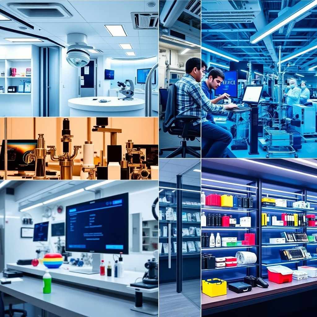 A collage of different industry environments, such as a healthcare lab, a tech startup, and a consumer product showcase. This vibrant image reflects the diverse applications of our services across various fields.