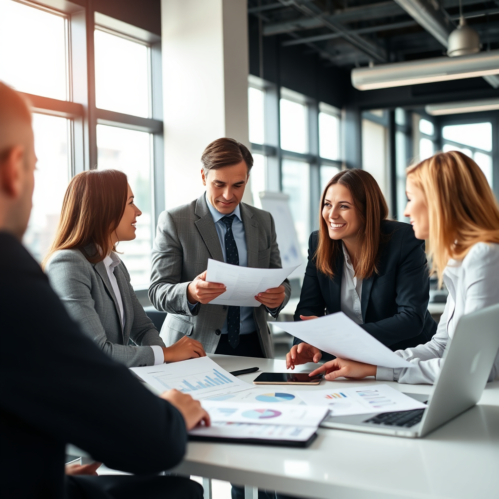 A professional consulting session occurring in a modern office, with one consultant discussing plans with client representatives. Charts and strategy documents are displayed on a laptop, symbolizing a productive working relationship.