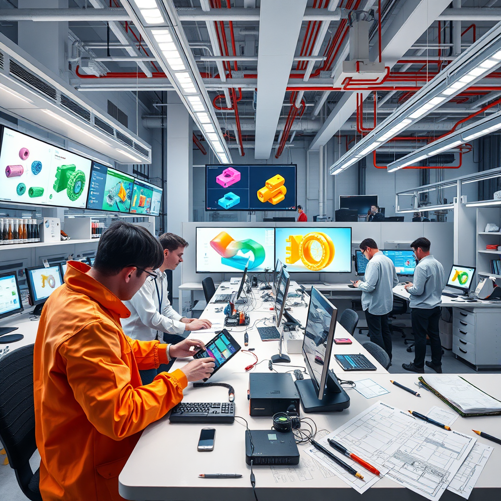 An inspiring image of a high-tech laboratory, showcasing engineers and designers working on prototypes. Colorful product designs are displayed on screens, and blueprints are scattered around, emphasizing the innovation process.